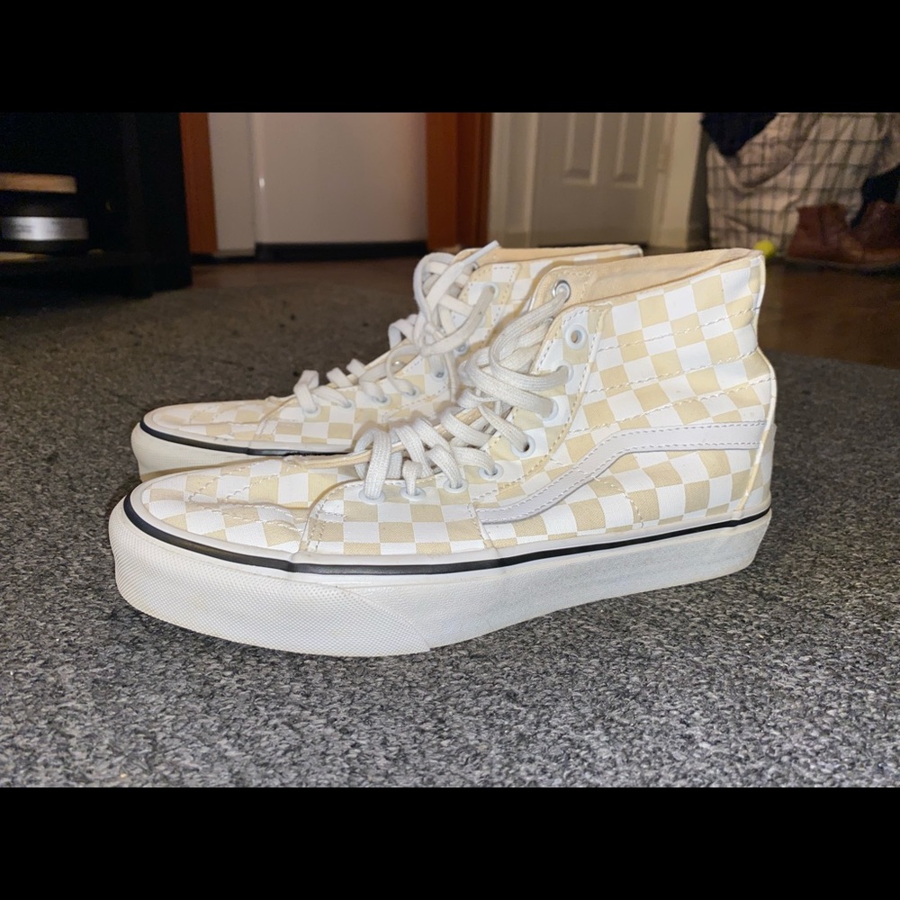Vans high tops pastel yellow checkered print size womens 9.5 or mens 8